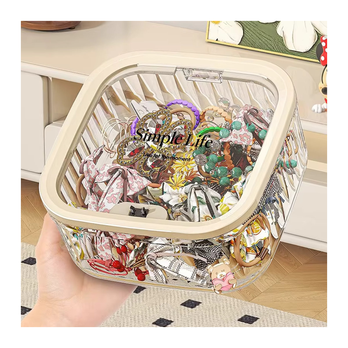 Meltset Desktop Aufbewahrungsbox mit Pop-up Deckel für Schmuck und Haarzubehör, Weiß und Transparent - Bild 3