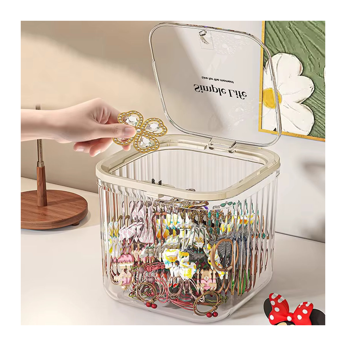 Meltset Desktop Aufbewahrungsbox mit Pop-up Deckel für Schmuck und Haarzubehör, Weiß und Transparent - Bild 4