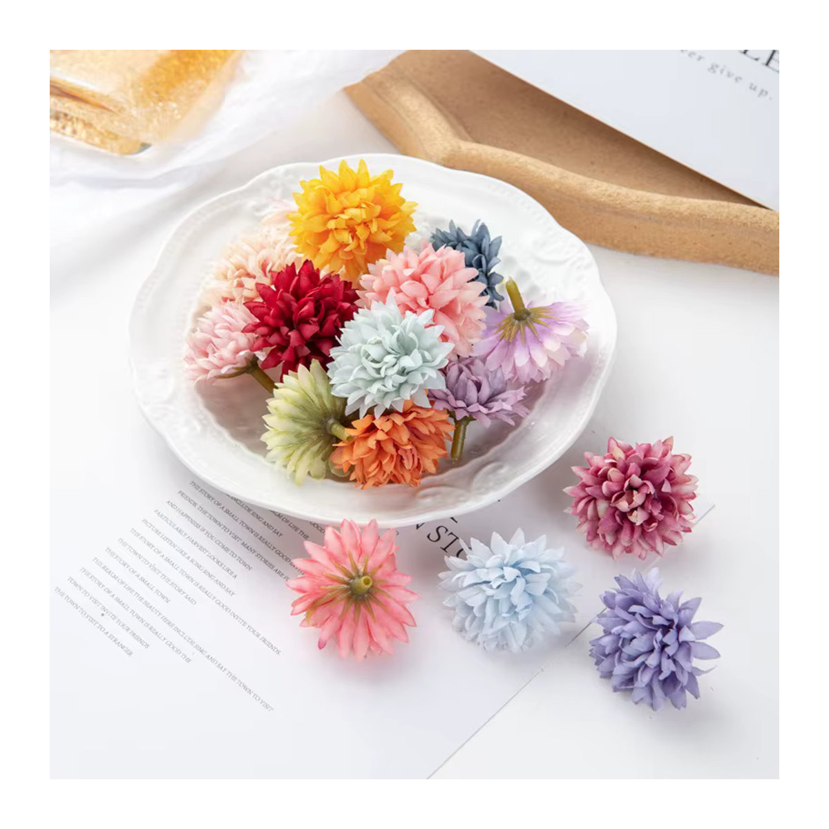 MENGHAO Kunstblumen Dahlia aus Textil in Weiß und Mehrfarbig für DIY-Handwerk und Hochzeitsdekoration, 4 cm - Bild 2