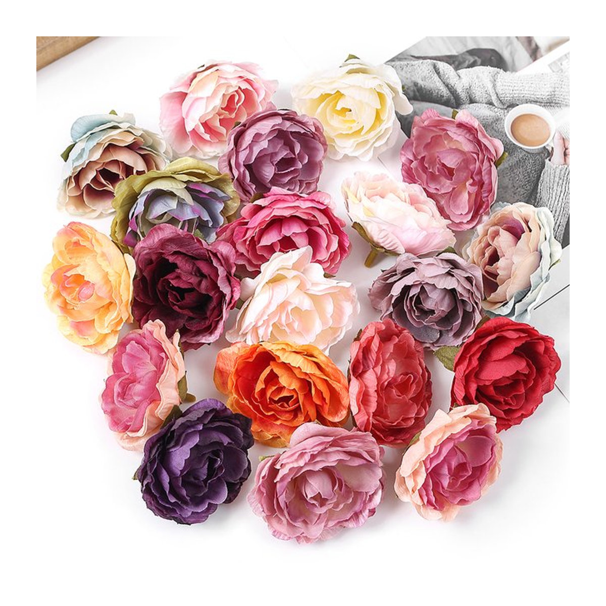 MENGHAO Künstliche Rosen aus Textil für Home Decor und Hochzeitsdekoration, 5er Set, Durchmesser: 5 cm, Farben: Rosa, Lila und Mehrfarbig - Bild 1