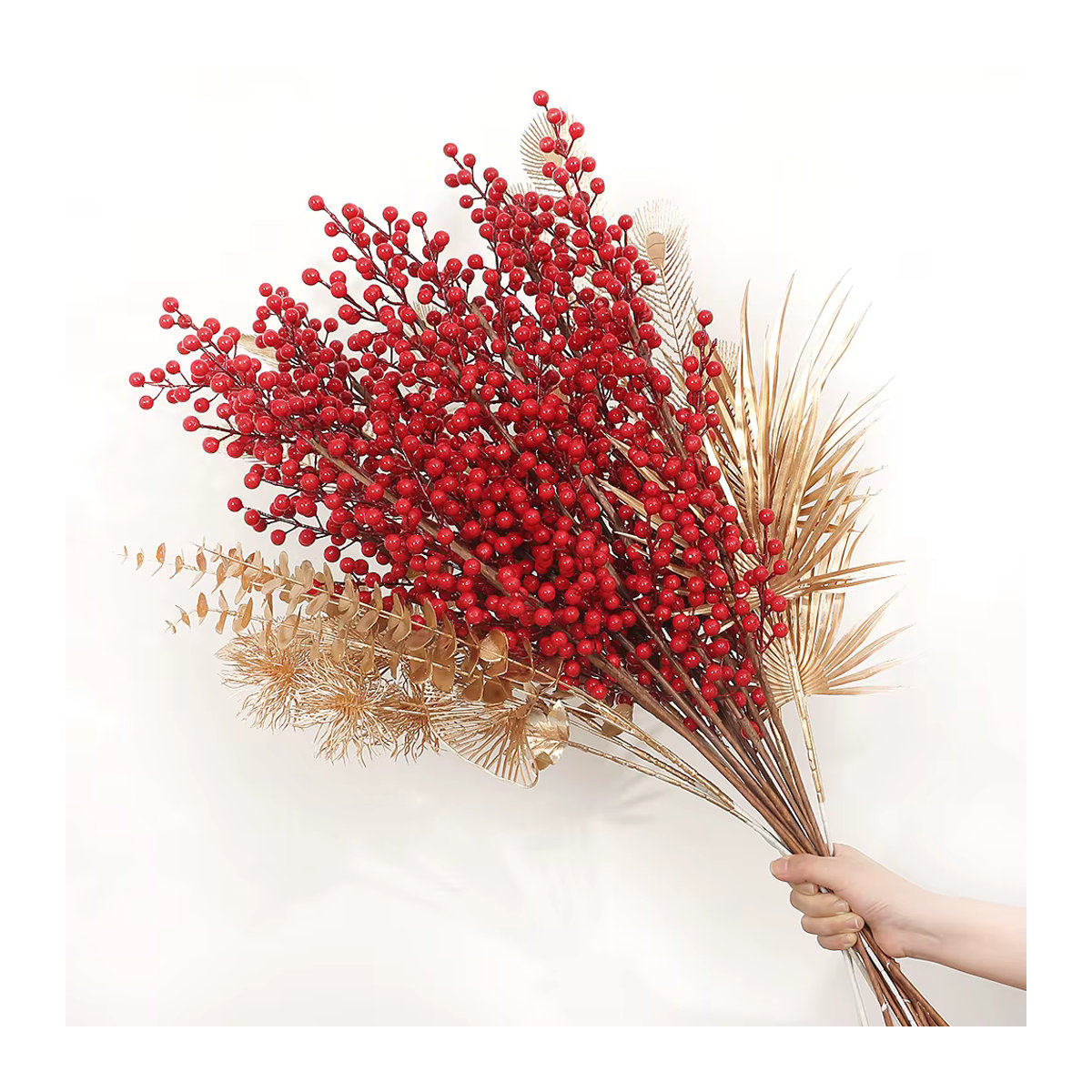 MENGHAO Weihnachtsdekoration künstlicher Pflanzenstrauß in Gold und Rot mit roten Früchten für Heimdekoration und Weihnachtsbaumschmuck - Bild 2