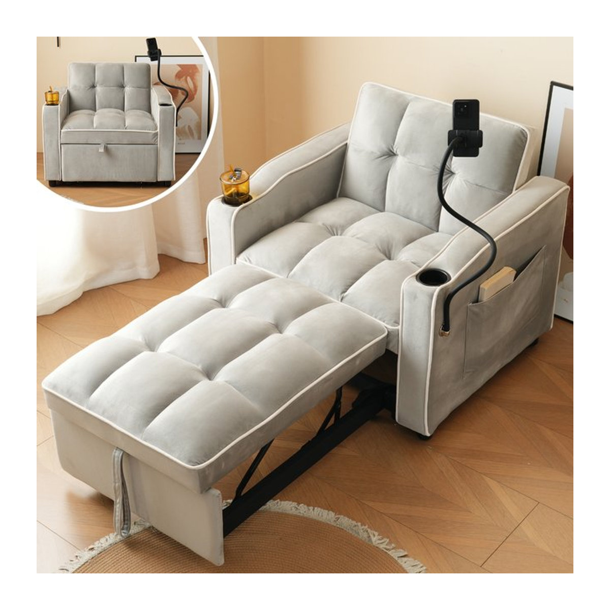 Merax 3 in 1 Einzel Schlafsofa aus Samt in Grau Weiß mit Getränkehalter und Handyhalter im modernen Design - Bild 1