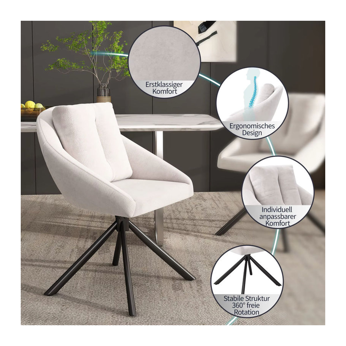 Merax Moderner Esszimmerstuhl aus Samt in Beige drehbar und ergonomisch - Bild 4
