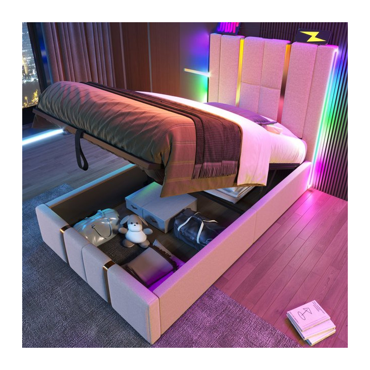 Merax Polsterbett Einzelbett in Beige mit Leinenbezug, USB-C Ladefunktion, LED-Beleuchtung, APP-Steuerung und Stauraum, B/T: 90 x 200 cm - Bild 1