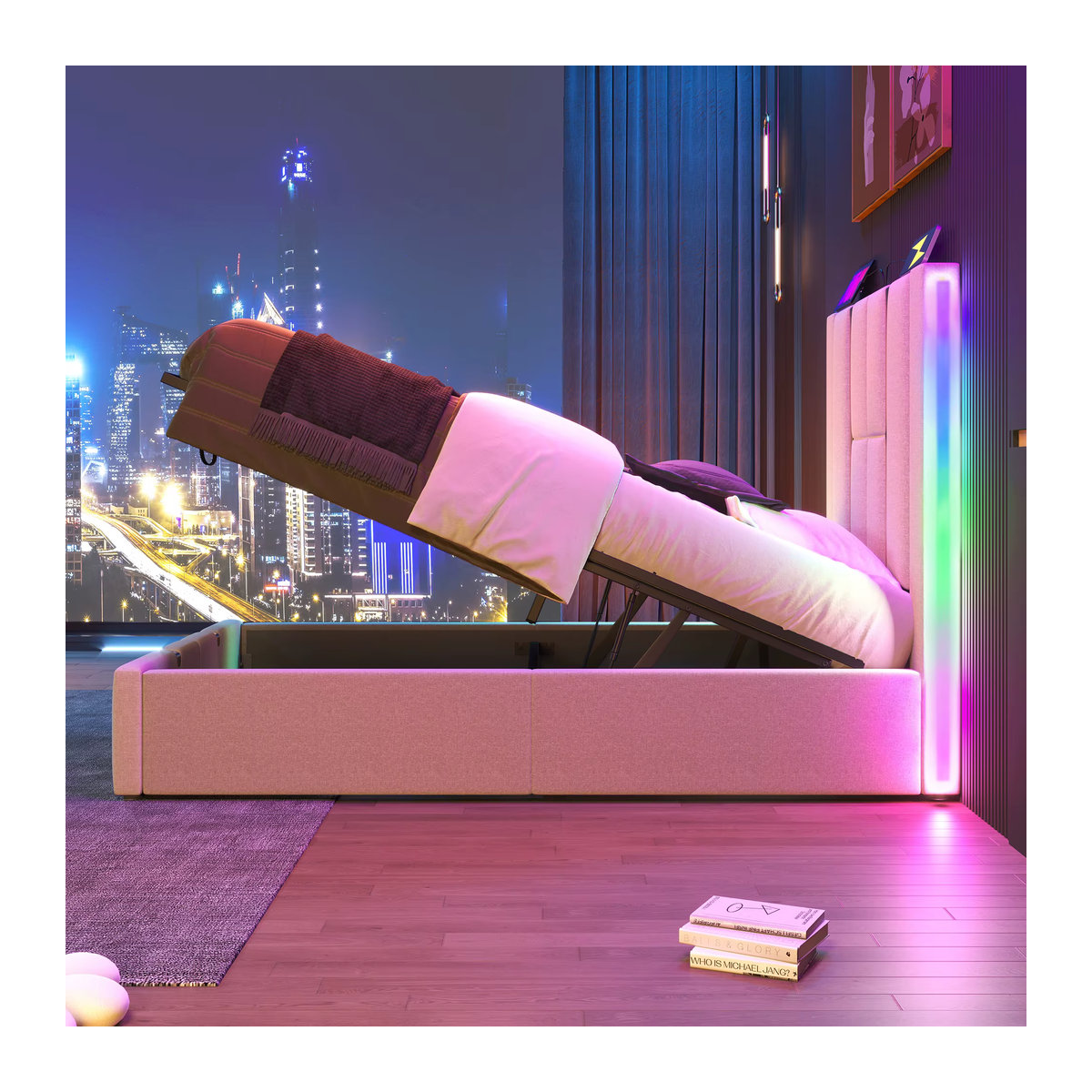 Merax Polsterbett Einzelbett in Beige mit Leinenbezug, USB-C Ladefunktion, LED-Beleuchtung, APP-Steuerung und Stauraum, B/T: 90 x 200 cm - Bild 2