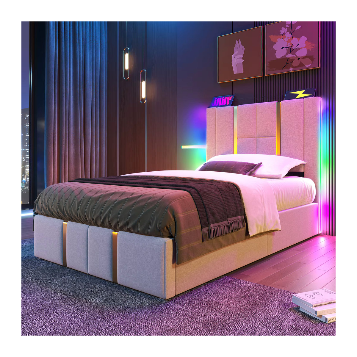 Merax Polsterbett Einzelbett in Beige mit Leinenbezug, USB-C Ladefunktion, LED-Beleuchtung, APP-Steuerung und Stauraum, B/T: 90 x 200 cm - Bild 3