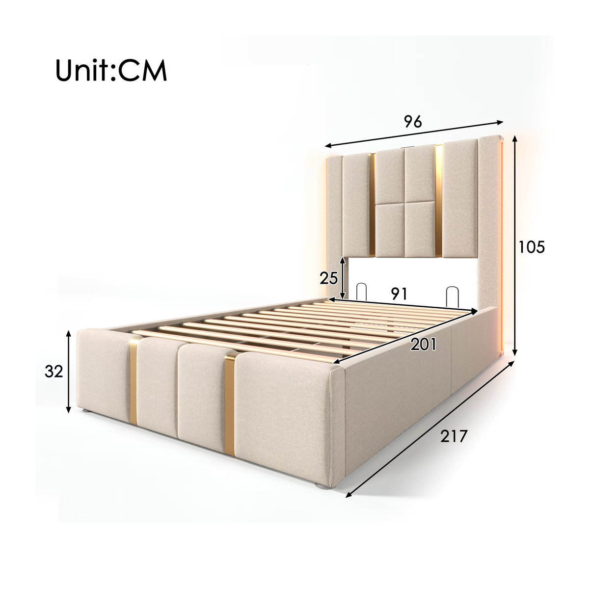 Merax Polsterbett Einzelbett in Beige mit Leinenbezug, USB-C Ladefunktion, LED-Beleuchtung, APP-Steuerung und Stauraum, B/T: 90 x 200 cm - Bild 4