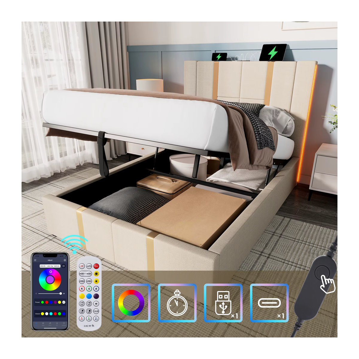 Merax Polsterbett Einzelbett in Beige mit Leinenbezug, USB-C Ladefunktion, LED-Beleuchtung, APP-Steuerung und Stauraum, B/T: 90 x 200 cm - Bild 5
