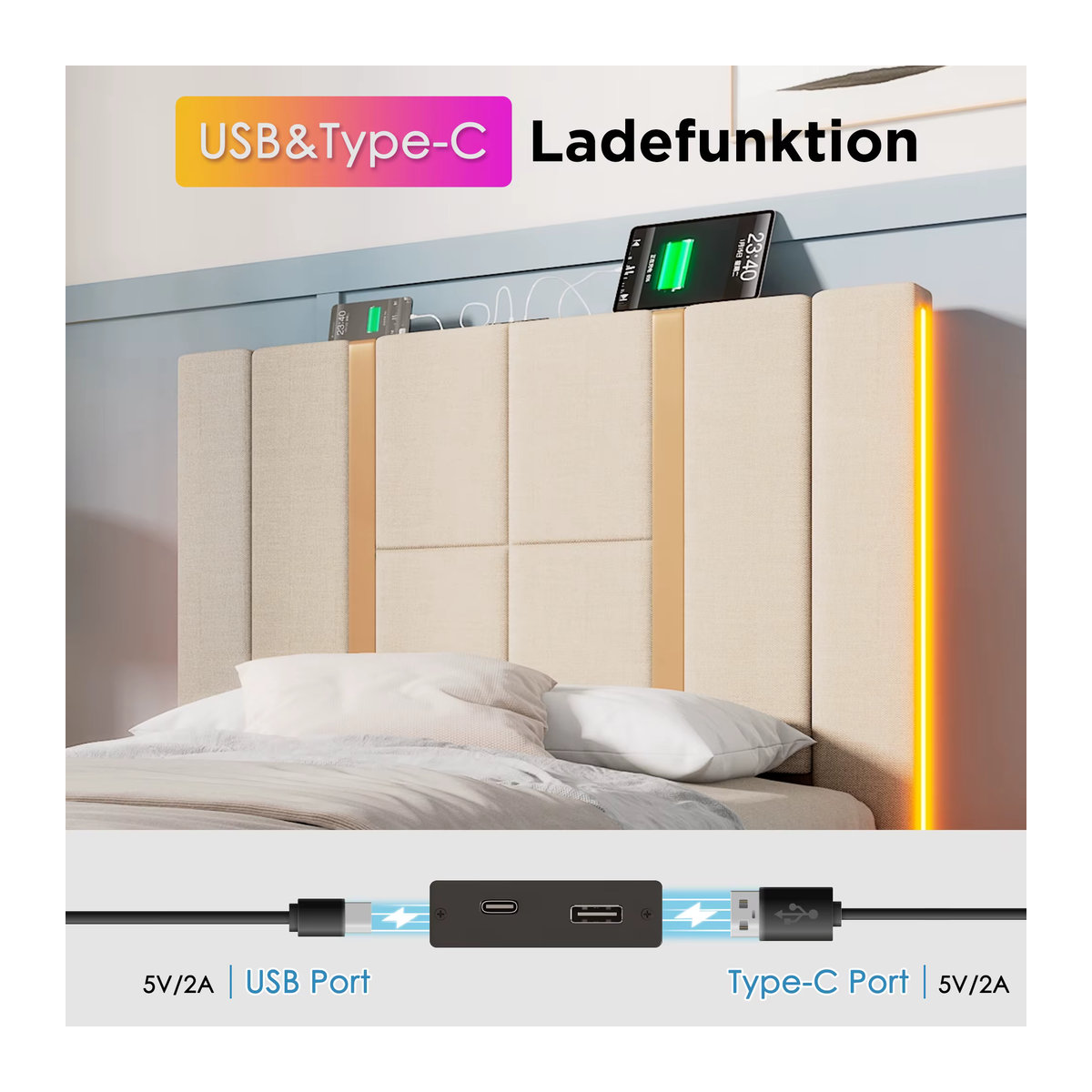 Merax Polsterbett Einzelbett in Beige mit Leinenbezug, USB-C Ladefunktion, LED-Beleuchtung, APP-Steuerung und Stauraum, B/T: 90 x 200 cm - Bild 6