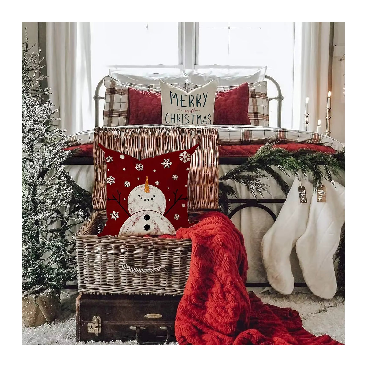 Merry Tree Kissenbezüge Rot mit Schneeflockenmuster für deine Weihnachtsdekoration - Bild 2