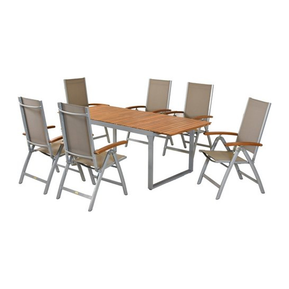 Merxx Gartenmöbel-Set Naxos 7-teilige Tischgruppe mit Ausziehtisch und Klappsesseln aus Aluminium, Akazie und Stoff in Grau, Silber und Braun - Bild 1