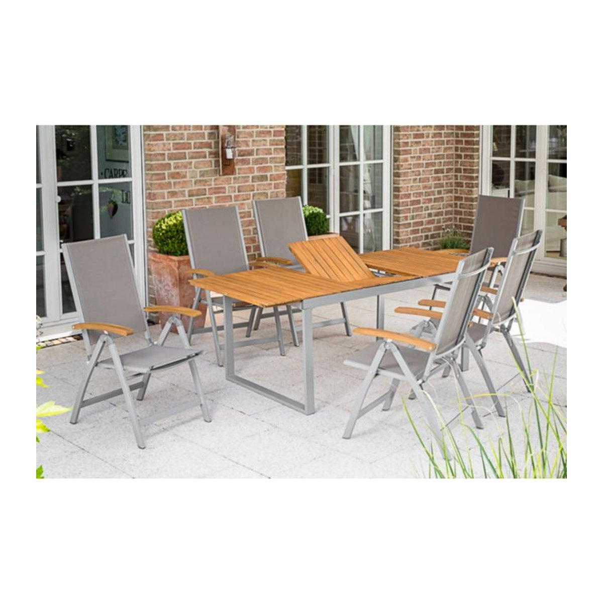 Merxx Gartenmöbel-Set Naxos 7-teilige Tischgruppe mit Ausziehtisch und Klappsesseln aus Aluminium, Akazie und Stoff in Grau, Silber und Braun - Bild 3