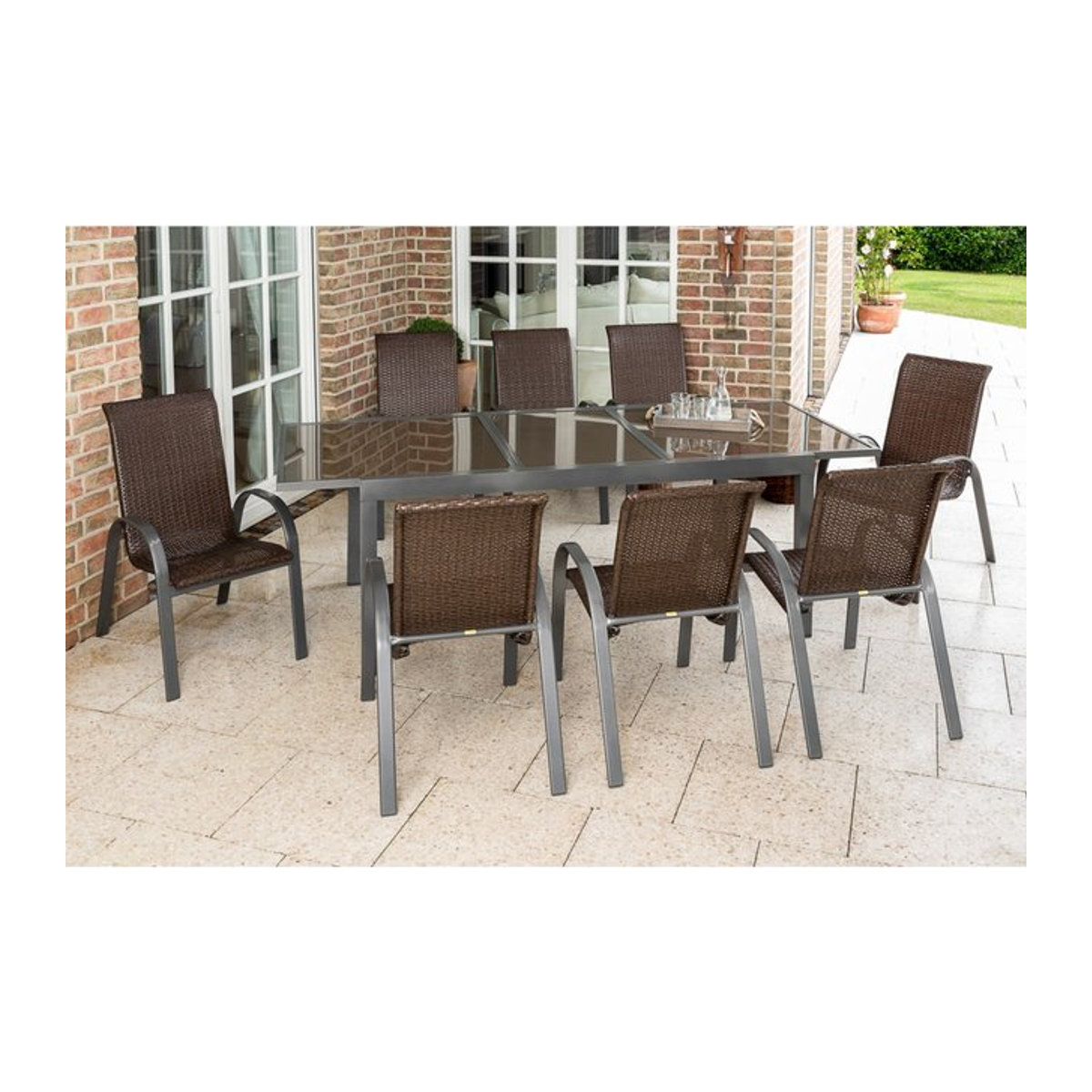 Merxx Gartenmöbel-Set Varese 9-teilig aus Polyrattan in Braun und Anthrazit mit Ausziehtisch und 8 Stapelsesseln - Bild 1