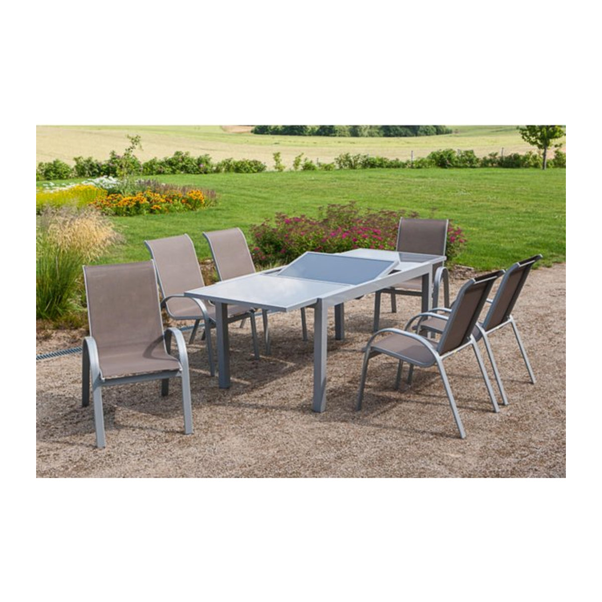 Merxx Tischgruppe Amalfi 7-tlg. Gartenmöbel-Set aus Aluminium und Glas in Taupe meliert, B/T: 160/220 x 90 cm - Bild 1