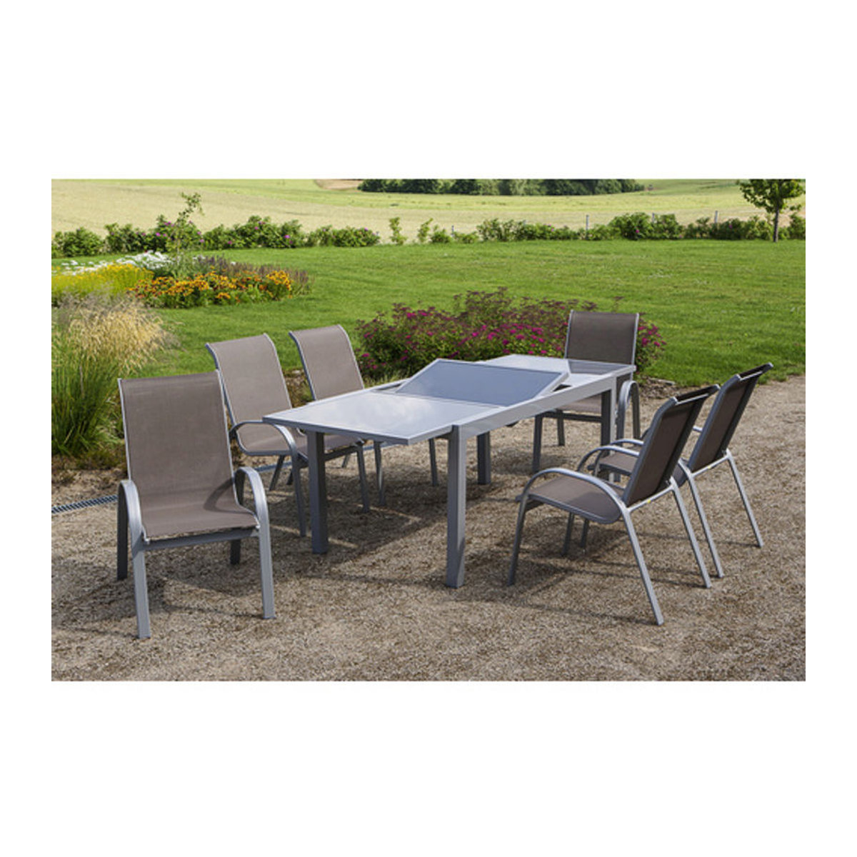 Merxx Tischgruppe Amalfi 7-tlg. Gartenmöbel-Set aus Aluminium und Glas in Taupe meliert, B/T: 160/220 x 90 cm - Bild 2