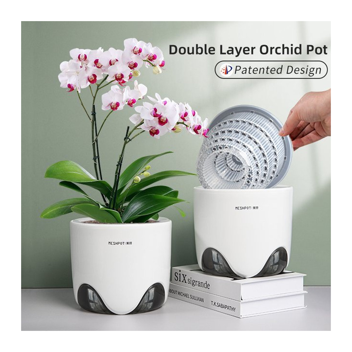 MESHPOT Orchideentöpfe aus doppelschichtigem Kunststoff in Keramik-Optik mit Luftlöchern zum Umfüllen - Bild 1