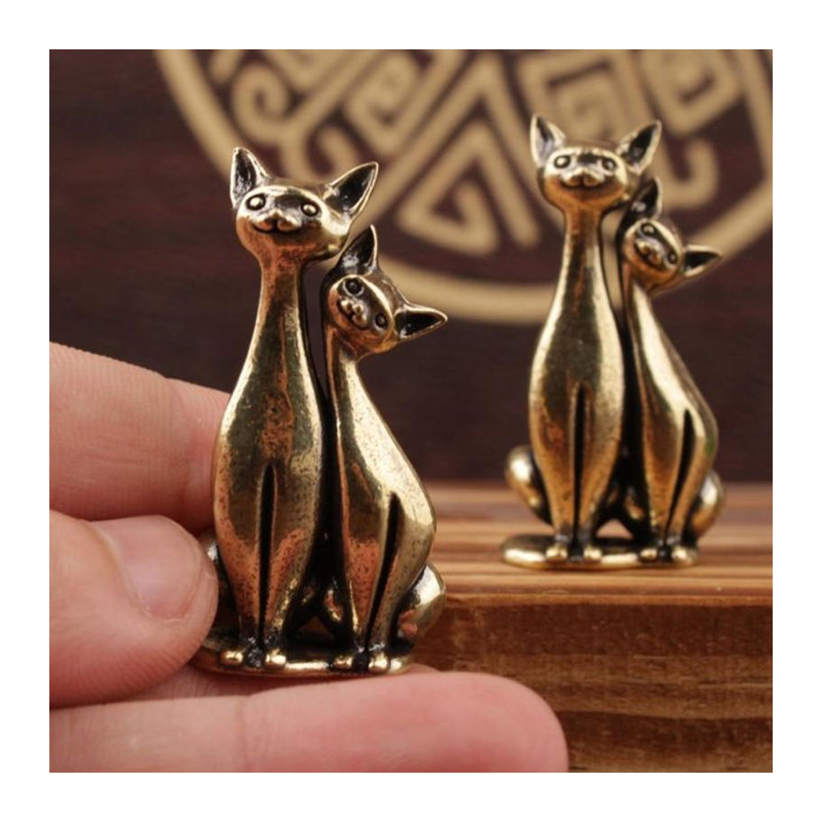 Messing Doppel Katze Skulptur Ornament in Gold für Wohnzimmer und Büro - Bild 1