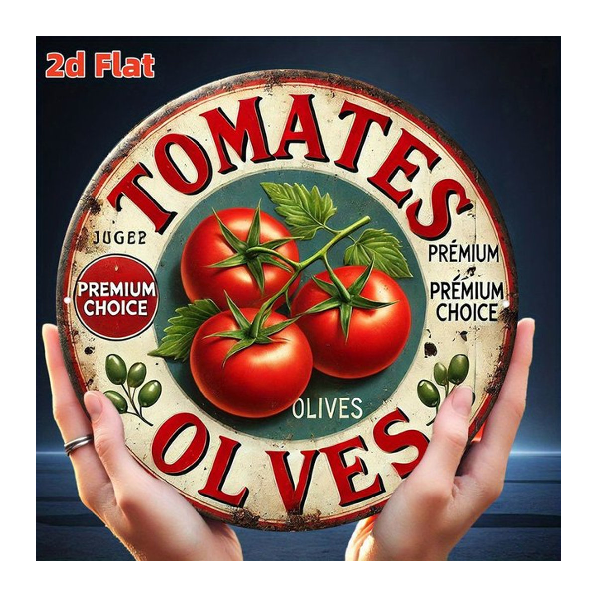 Metall-Wandkunstschild Potdemiel Tomaten und Oliven im Vintage-Stil, quadratische Küchendekoration in Rot und Grün, B/T/H: 20 x 20 x 20 cm - Bild 1