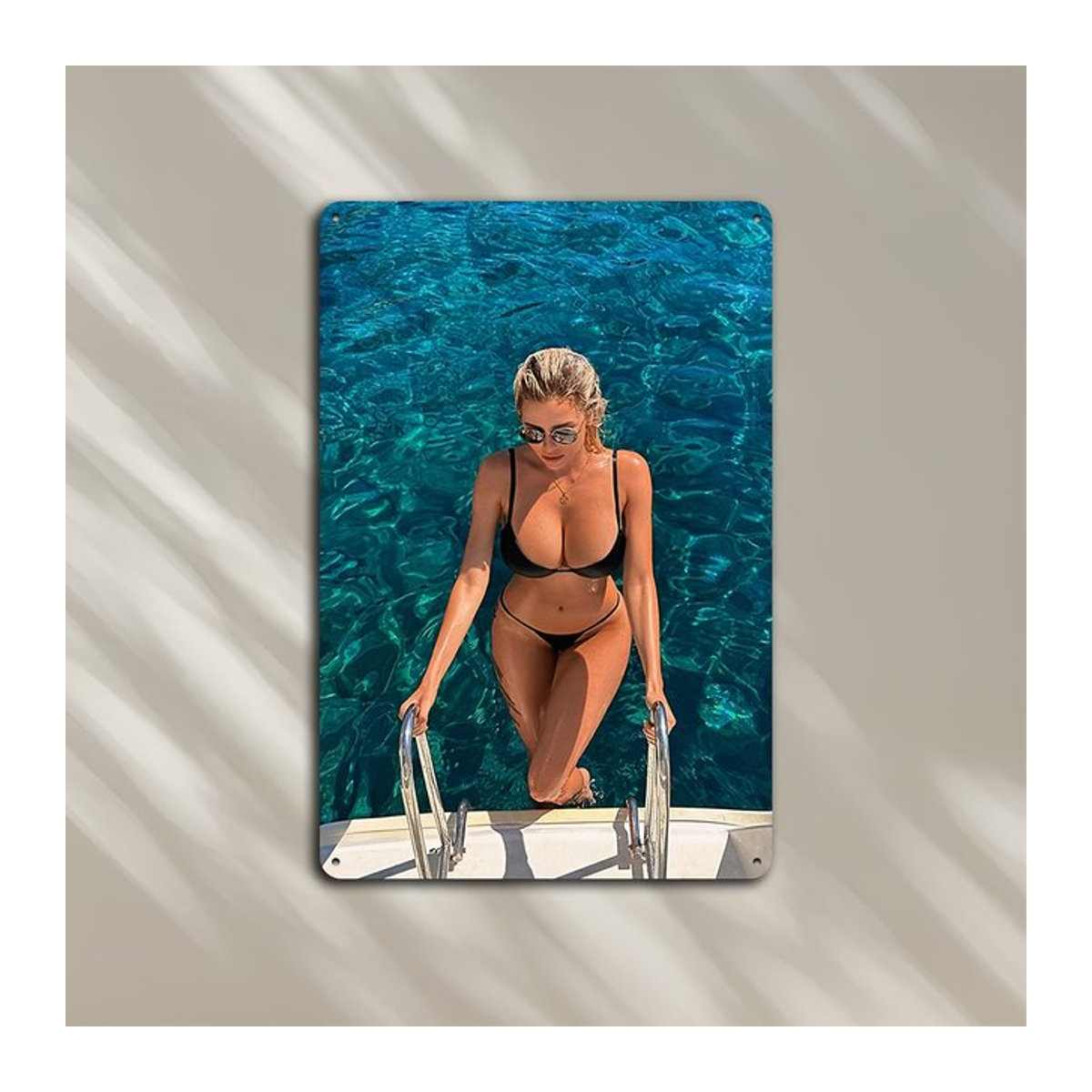 Metall-Wandschild Bea Vintage Sexy Bikini-Modell in Silber und Blau - Bild 1