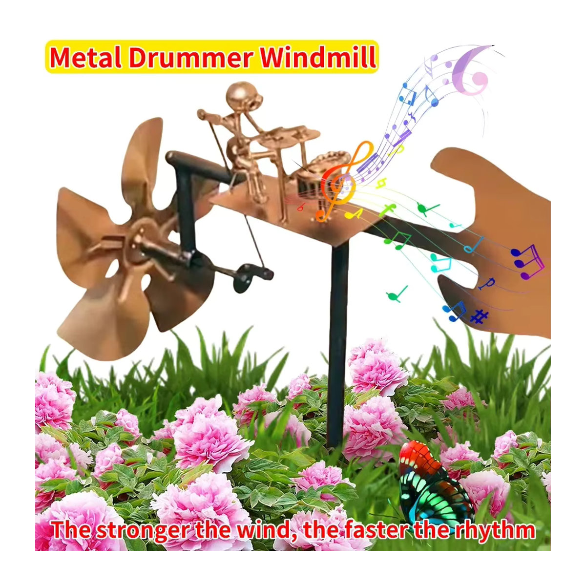 Metall-Windmühlen-Statue Schlagzeuger als Windskulptur für Garten und Terrasse in Gold und Alufarben - Bild 2