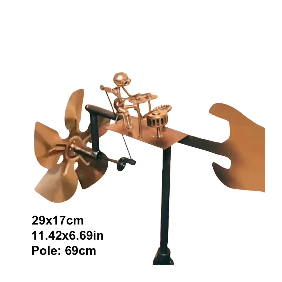 Metall-Windmühlen-Statue Schlagzeuger als Windskulptur für Garten und Terrasse in Gold und Alufarben - Bild 6