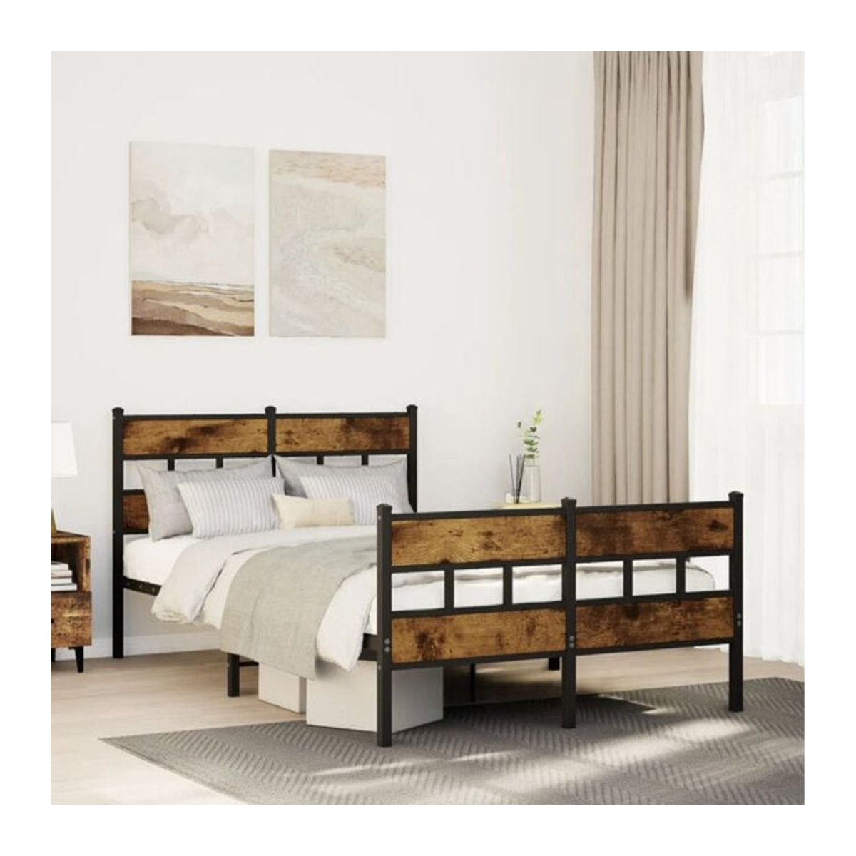 Metallbett Vidaxl im Industrial Design aus Metall und Holzwerkstoff in Räuchereiche und Schwarz, B/T/H: 120 x 190 x 91,5 cm - Bild 1