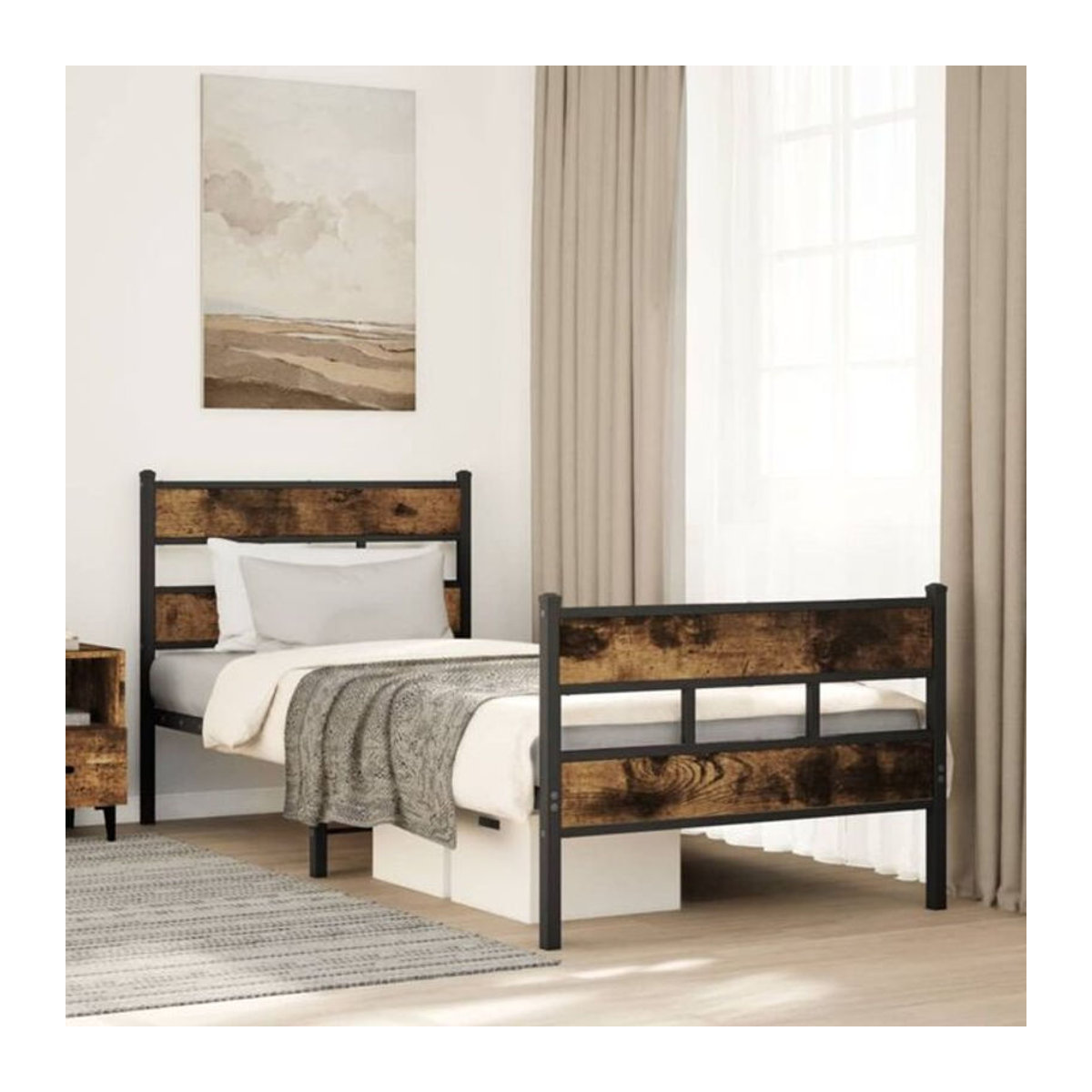 Metallbett Vidaxl im Industrial Design aus Metall und Holzwerkstoff in Räuchereiche und Schwarz, B/T/H: 200 x 100 x 91,5 cm - Bild 1