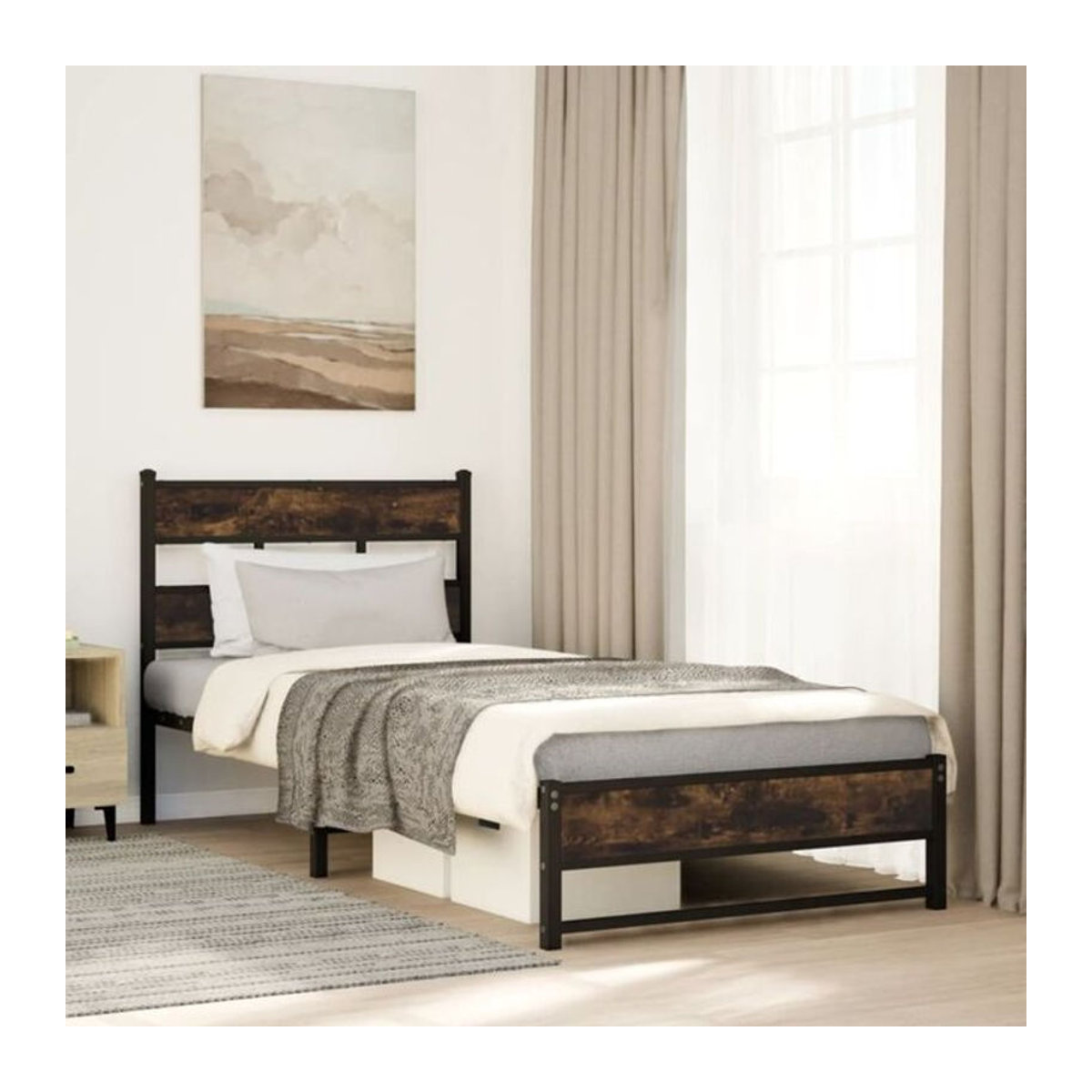 Metallbett Vidaxl in Räuchereiche Braun im Industrial Design, B/T/H: 100 x 200 x 91,5 cm - Bild 1