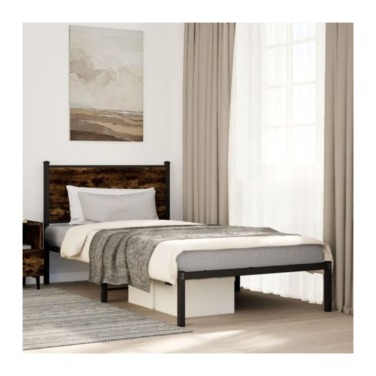Metallbett Vidaxl in Räuchereiche Optik aus Stahl, Braun, B/H: 107 x 203 cm - Bild 1