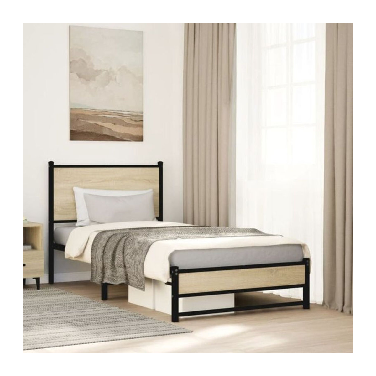 Metallbett Vidaxl in Sonoma-Eiche Natur, B/T/H: 90 x 200 cm, Modernes Design aus Metall und Holzwerkstoff - Bild 1