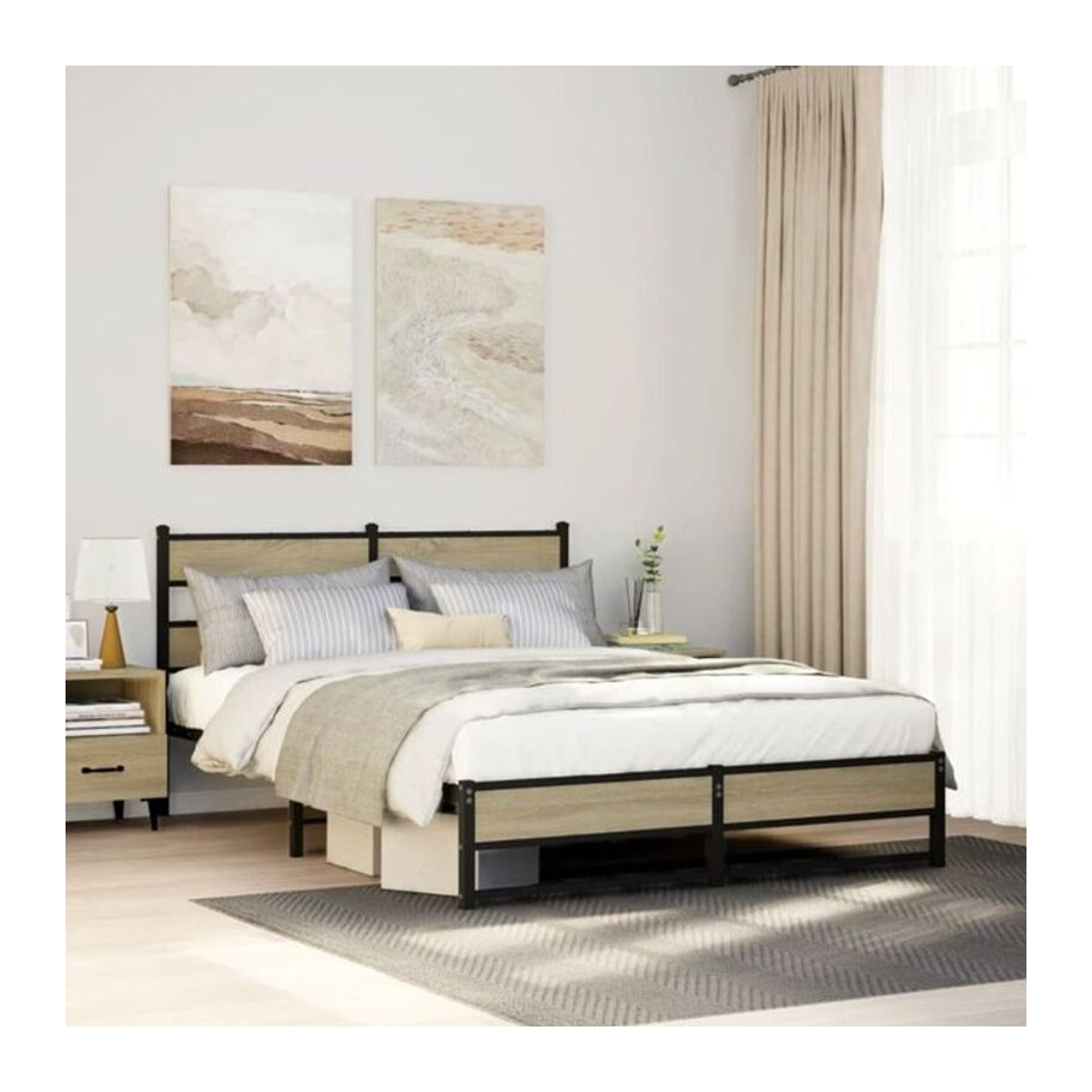 Metallbett Vidaxl in Sonoma-Eiche Natur im Industrial-Stil, B/T/H: 150 x 200 cm - Bild 1