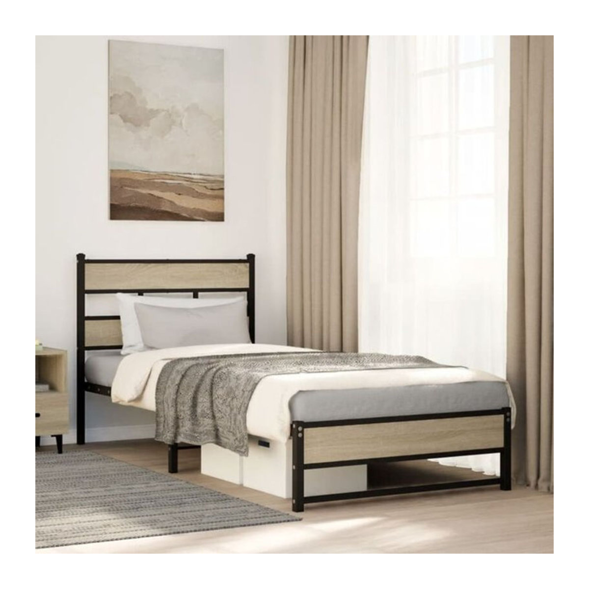 Metallbett Vidaxl in Sonoma-Eiche Natur, Modernes Bettgestell aus Stahl und Holzwerkstoff, B/T/H: 80 x 200 cm, ohne Matratze - Bild 1