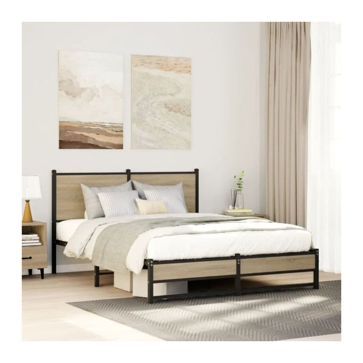 Metallbett Vidaxl in Sonoma-Eiche Natur und Braun im Industrial-Stil, B/T/H: 150 x 200 cm - Bild 1