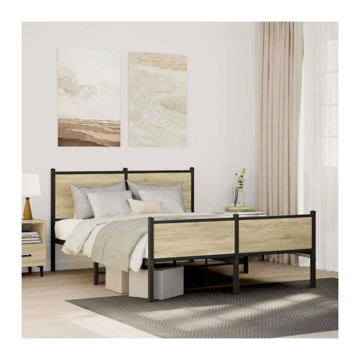 Metallbett Vidaxl in Sonoma-Eiche Natur und Braun im Industrial-Stil, B/T/H: 150 x 200 cm - Bild 1