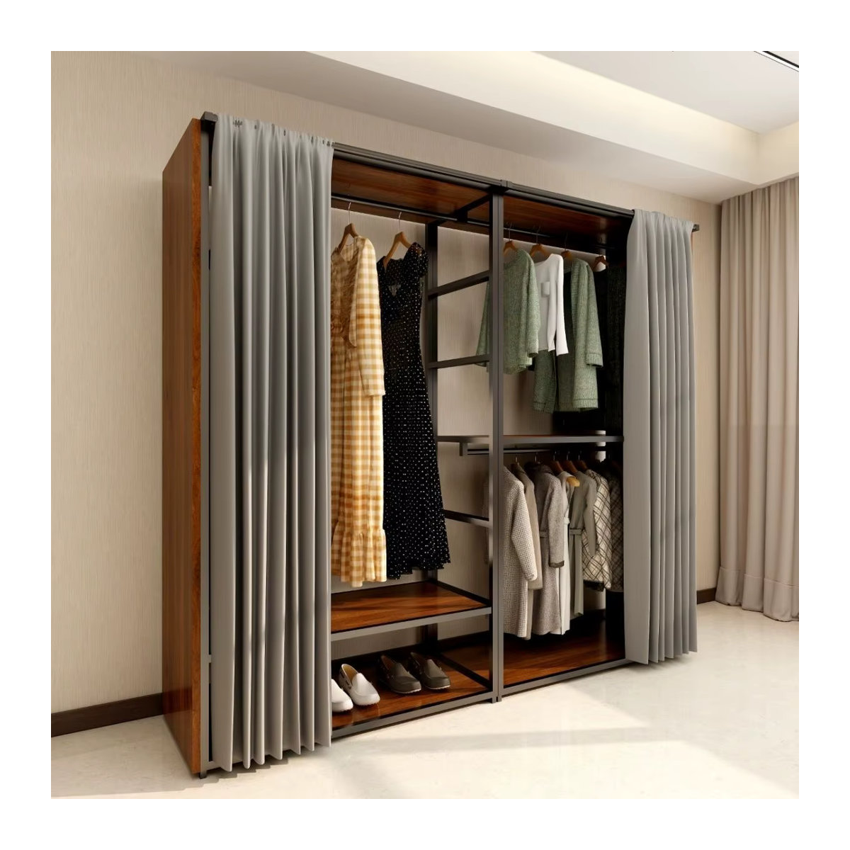 Metallgarderobe im Industrial-Design mit Kleiderbügel-Kombination und Regal in Braun - Bild 2