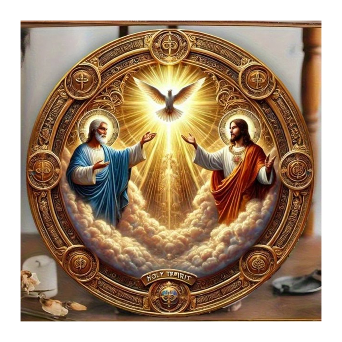 Metallwandkunst CIFBUY Göttliche Szene Heilige Dreifaltigkeit in Gold und Mehrfarbig als quadratisches 2D Dekor zur Wandmontage - Bild 1