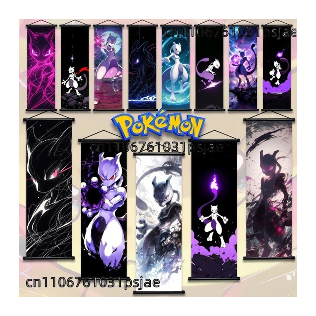 Mewtwo Pokémon Wanddeko als hängende Textil-Scroll-Dekoration in Mehrfarbig für dein Kinderzimmer - Bild 1