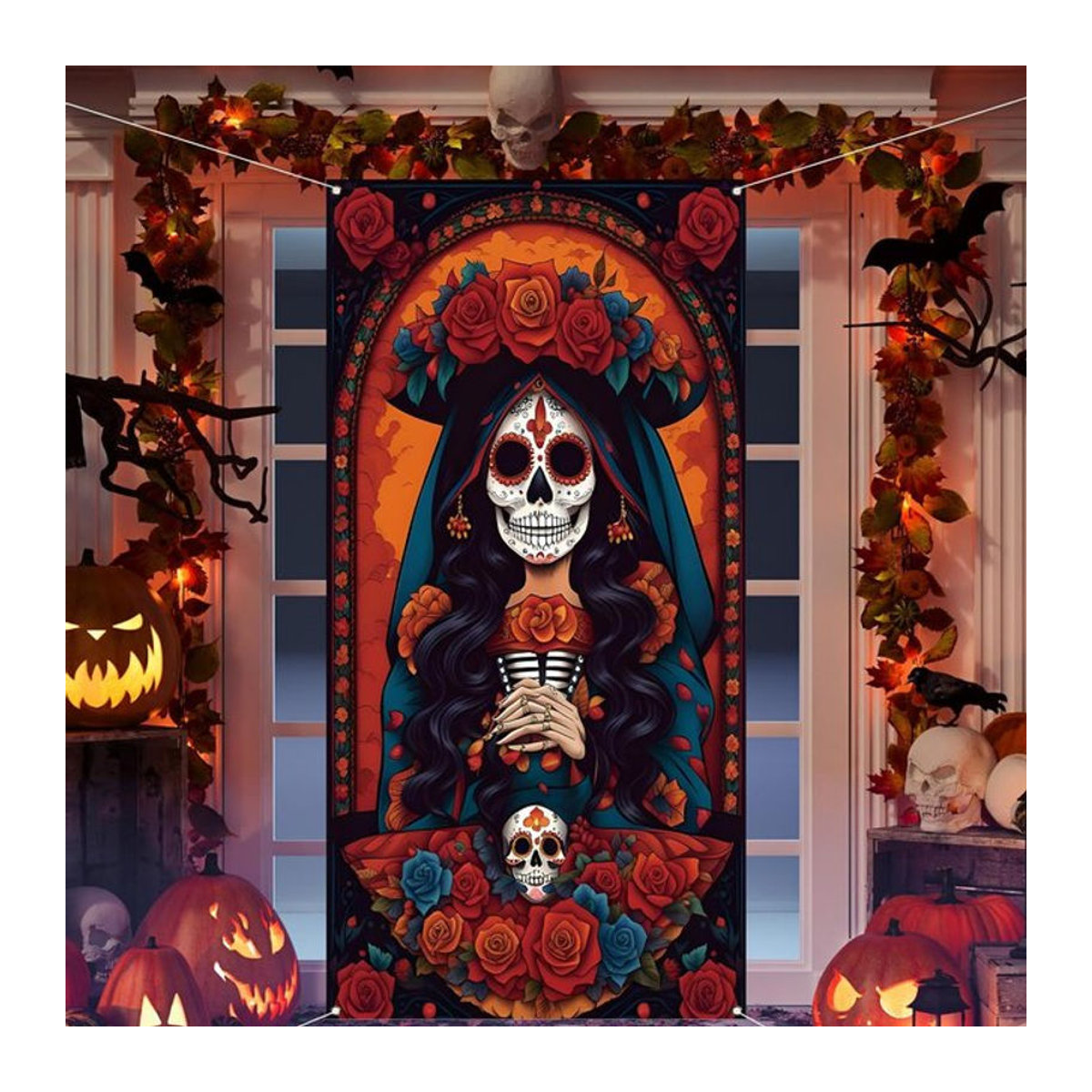 Mexikanische Dia De Los Muertos Türabdeckung mit bunten Zucker Schädeln und floralen Rosen als Party Dekoration in Rot und Mehrfarbig - Bild 1
