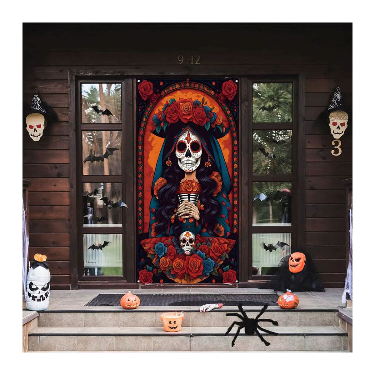 Mexikanische Dia De Los Muertos Türabdeckung mit bunten Zucker Schädeln und floralen Rosen als Party Dekoration in Rot und Mehrfarbig - Bild 2