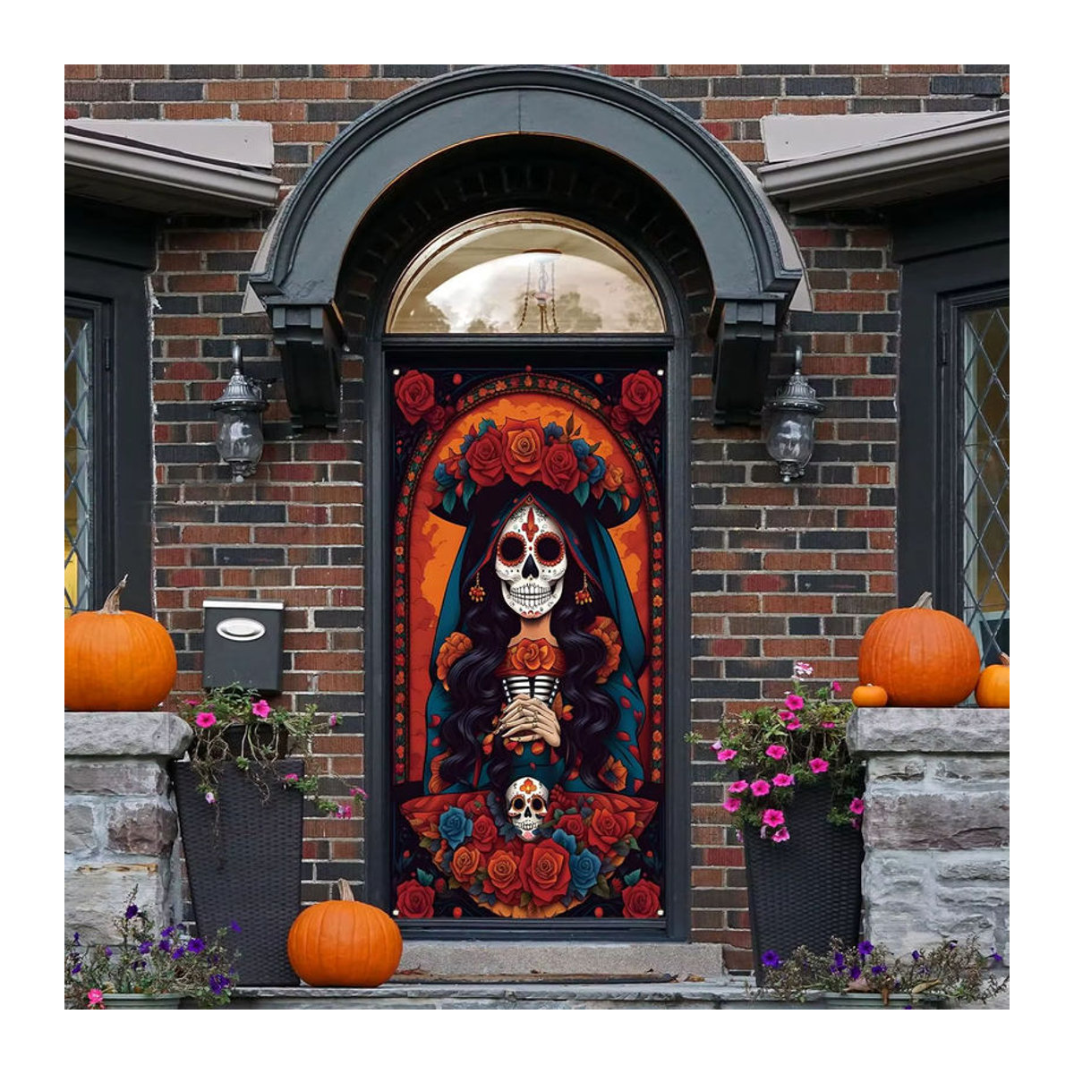 Mexikanische Dia De Los Muertos Türabdeckung mit bunten Zucker Schädeln und floralen Rosen als Party Dekoration in Rot und Mehrfarbig - Bild 4