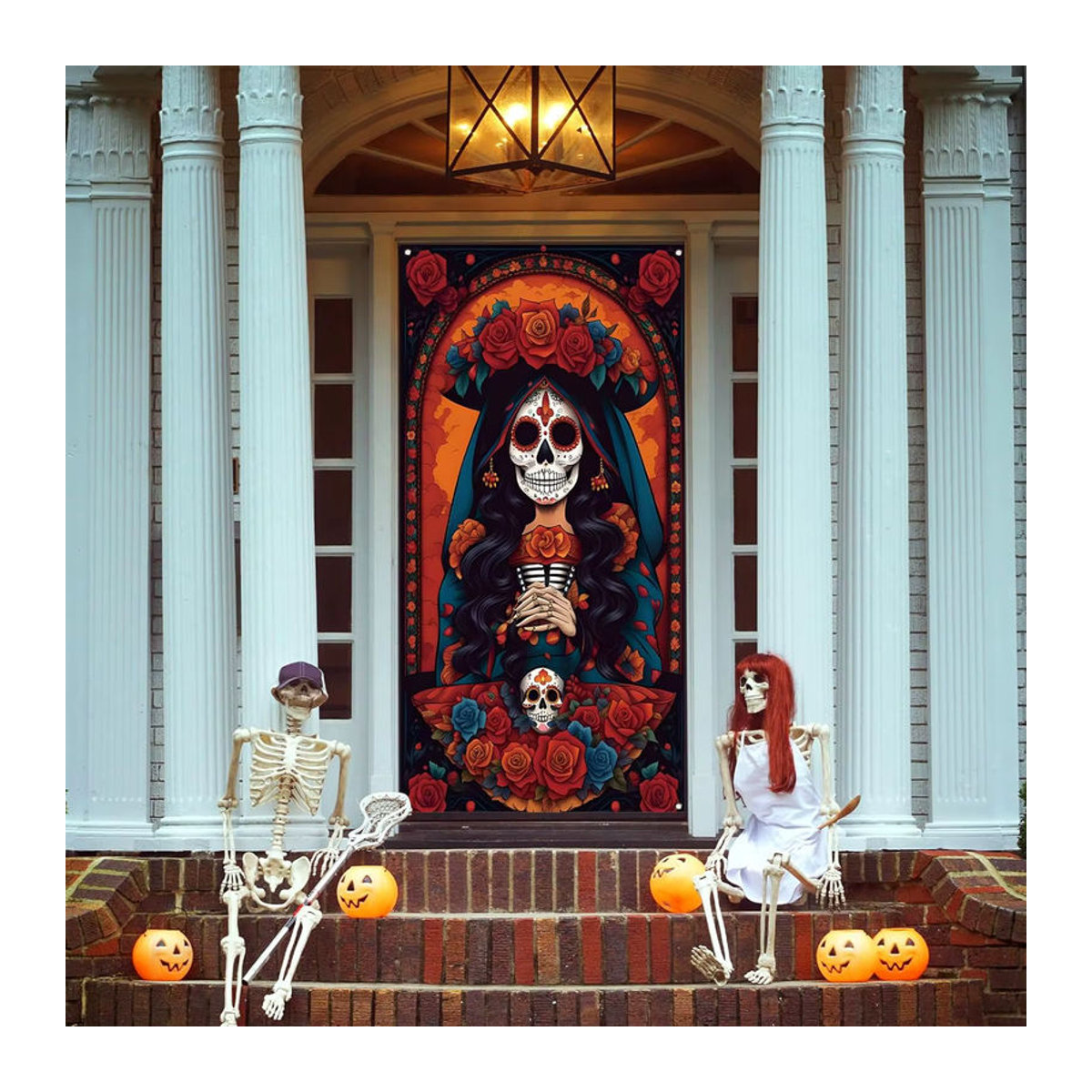 Mexikanische Dia De Los Muertos Türabdeckung mit bunten Zucker Schädeln und floralen Rosen als Party Dekoration in Rot und Mehrfarbig - Bild 5
