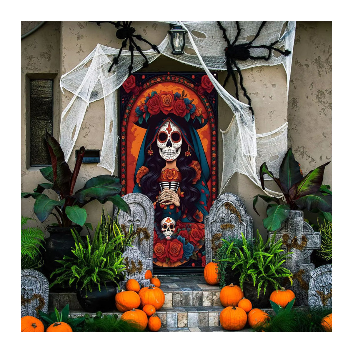 Mexikanische Dia De Los Muertos Türabdeckung mit bunten Zucker Schädeln und floralen Rosen als Party Dekoration in Rot und Mehrfarbig - Bild 6