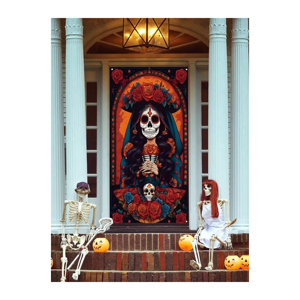 Mexikanische Dia De Los Muertos Türabdeckung mit bunten Zucker Schädeln und floralen Rosen als Party Dekoration in Rot und Mehrfarbig - Bild 7