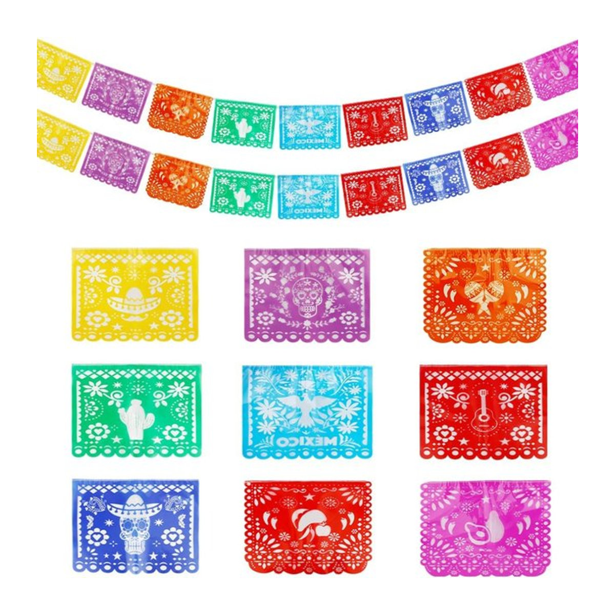 Mexikanisches Partybanner Papel Picado aus Papier für Cinco De Mayo und Dia De Los Muertos Dekoration, mehrfarbig mit Blumenmuster - Bild 1