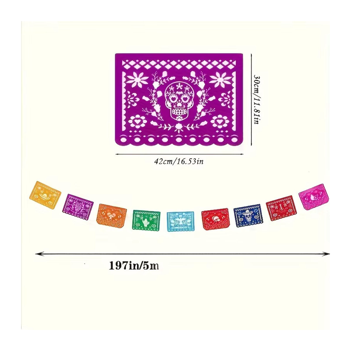 Mexikanisches Partybanner Papel Picado aus Papier für Cinco De Mayo und Dia De Los Muertos Dekoration, mehrfarbig mit Blumenmuster - Bild 2