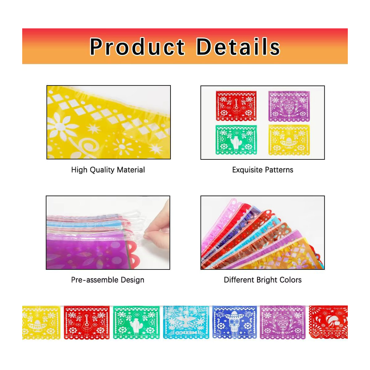 Mexikanisches Partybanner Papel Picado aus Papier für Cinco De Mayo und Dia De Los Muertos Dekoration, mehrfarbig mit Blumenmuster - Bild 3