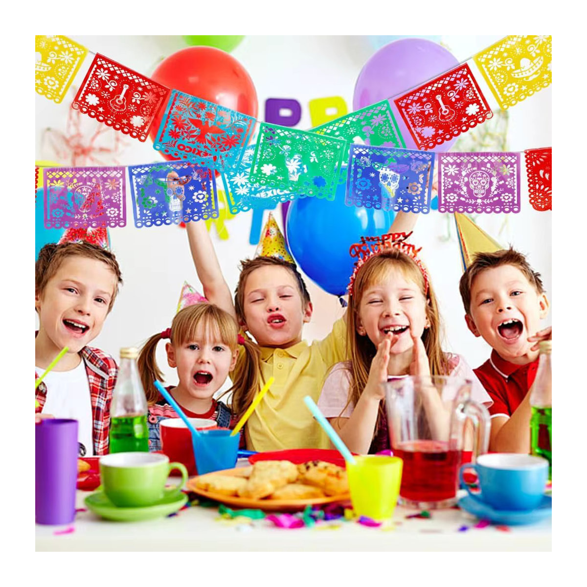 Mexikanisches Partybanner Papel Picado aus Papier für Cinco De Mayo und Dia De Los Muertos Dekoration, mehrfarbig mit Blumenmuster - Bild 4