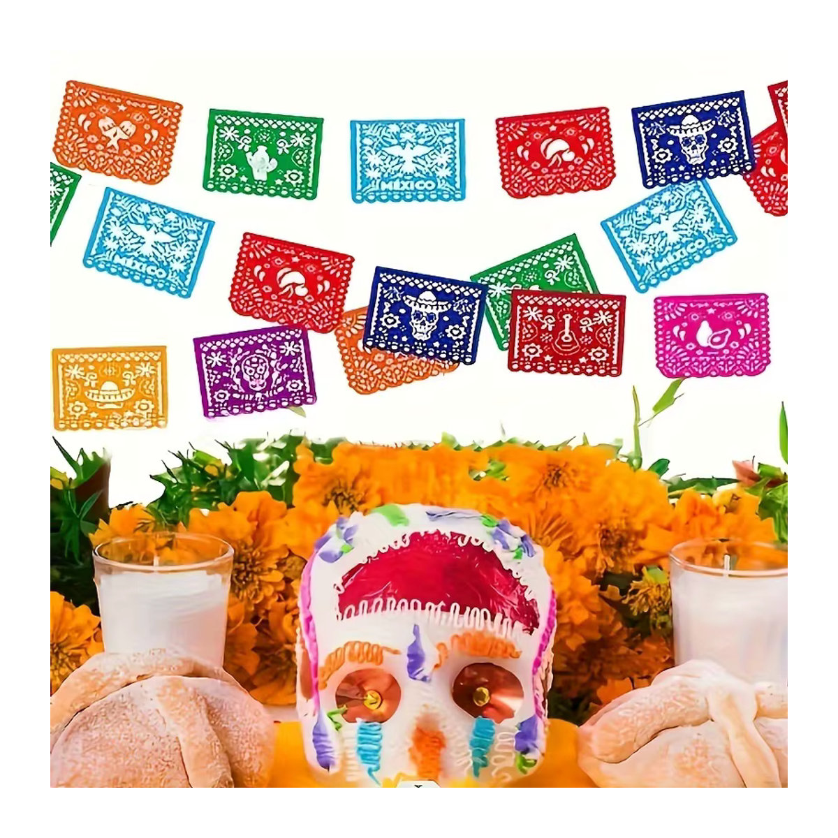 Mexikanisches Partybanner Papel Picado aus Papier für Cinco De Mayo und Dia De Los Muertos Dekoration, mehrfarbig mit Blumenmuster - Bild 6