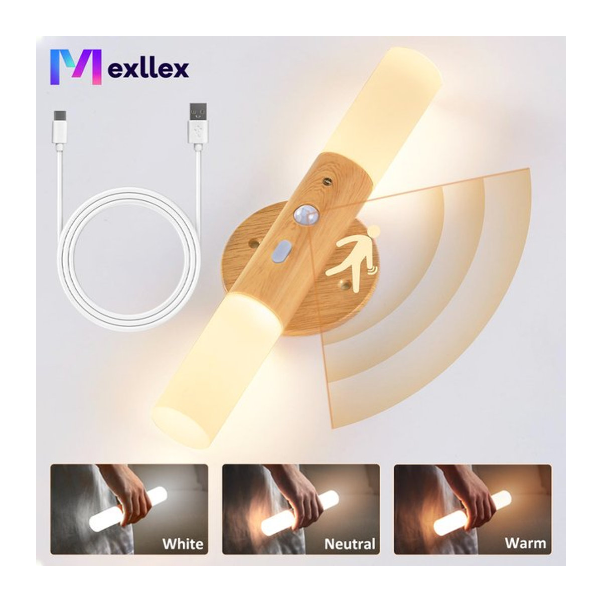 Mexllex 2er-Set LED Bewegungsmelder Nachtlicht aus Holz in Natur mit 3 Farbmodi und USB-Aufladung - Bild 1