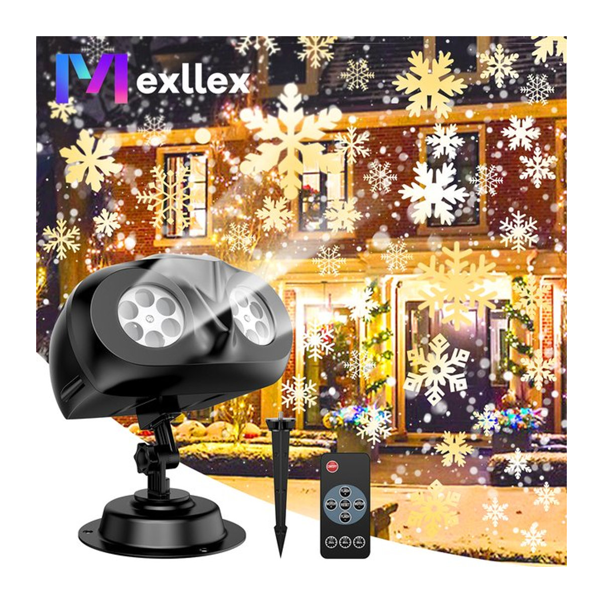 Mexllex Doppelkopf Weihnachtsschneefall HD Projektor mit Fernbedienung und Timer, IP65 Außenleuchte 2-in-1 Rotationslicht für Garten und Zimmer - Bild 1